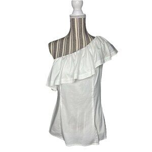 Trina Turk One Shoulder Blouse Top Womens Sz 6 White Lightweight Ruffle Stretch
